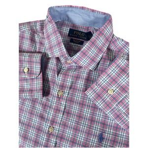 Polo Ralph Lauren Large 100% Cotton Stretch Shirt Pink‎ Blue Plaid Button Up